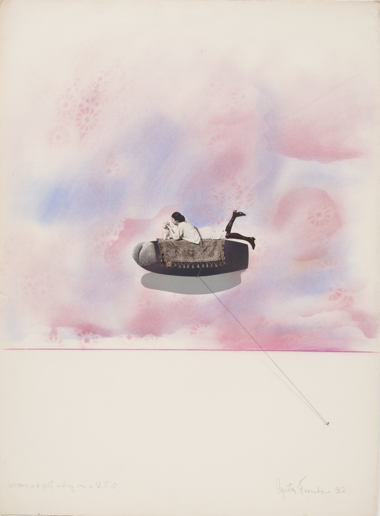 Women and pet riding on a UFO, 1982, Watercolor and collage on paper, 30 x 22 in